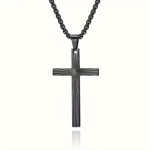 Black Christian Cross Pendant Necklace Sunburst Etched Chain Faith Jewelry Gift